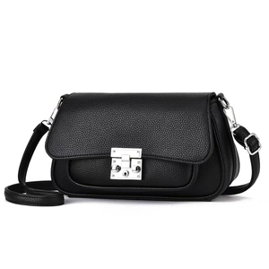 Classic black litchi pattern leather crossbody bag with silver push-lock buckle
