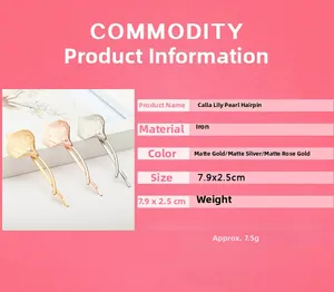 Detailed product specifications of calla lily pearl hair clips with dimensions and materials