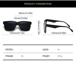 Detailed size chart showing square PC sunglasses dimensions with 62mm lens width