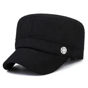 Cadet Hat For Men Women Winter Warm Woolen Military Cap With Earflaps Metal Star Badge Flat Top Outdoor Adjustable