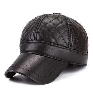 Men Quilted PU Leather Baseball Cap With Earflaps Winter Warm Windproof Outdoor Casual Sporty Hat Adjustable Buckle