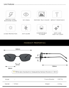 Detailed dimension chart for square metal frame sunglasses showing UV400 lens specifications