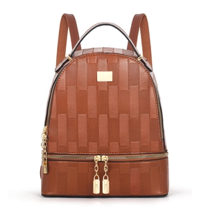 Brown plaid patchwork backpack with geometric pattern and golden hardware detailing
