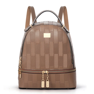 Brown checkered plaid backpack in faux leather with gold zippers and spacious compartments