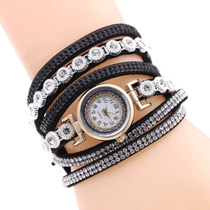 Fashionable wrap-around watch with multi-layer black rhinestone strap and gold case