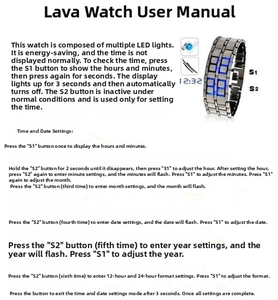 Detailed operation guide for silver LED lava watch showing time and date settings