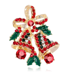 Weihnachtsglocken-Brosche in Gold mit roten Steinen und grünen Stechpalmen-Details