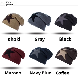 Collection of six colorful knitted beanie hats with large star patterns for winter warmth