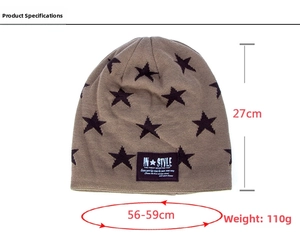 Close-up of brown beanie with black star pattern and in-style patch showing product size