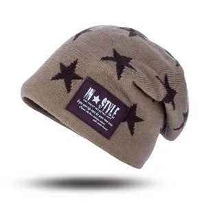 Winter Knitted Beanie Hat With Warm Fleece Lining Star Pattern Slouchy Outdoor Skull Cap For Men Women
