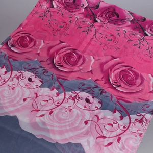 Chiffon floral scarf with realistic rose print and elegant vine patterns on grey backdrop