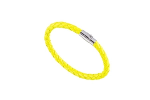 Close-up of vibrant yellow braided PU leather bracelet with a silver magnetic metal clasp