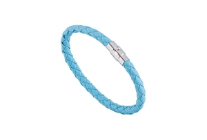 Close-up of sky blue braided leather bracelet with silver magnetic metal clasp