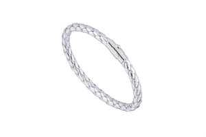 Detailed view of silver braided men's bracelet with a magnetic metal clasp on white background
