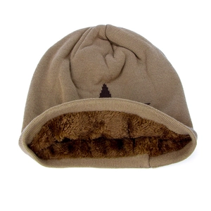 Winter knitted beanie with warm fleece lining in khaki featuring a star pattern design