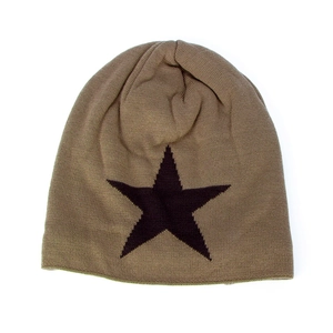 Khaki knitted beanie for men featuring a bold black star pattern for winter warmth