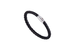 Detailed view of the black braided leather texture and silver magnetic clasp on the bracelet