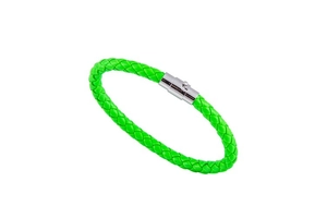 Detailed view of woven green leather bracelet with a polished silver magnetic metal clasp