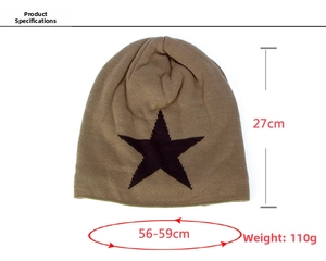 Size specifications of the brown knit beanie with a black star and velvet lining