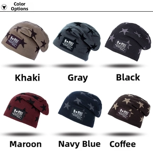 Detail view of knitted beanies showing six colors with black star patterns and fabric labels