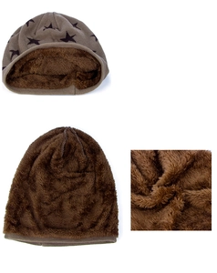 Detail showing the thick plush fleece lining and knitted texture of the winter warm hat