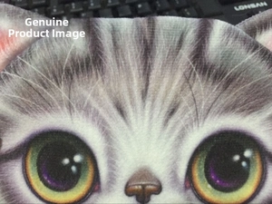 Detailed close-up of a plush cat coin purse with realistic gray tabby face and 3D eyes
