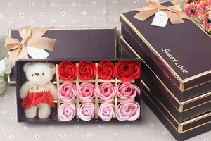 Detail of soap rose gift box with plush bear and Love engraving for Valentine's Day