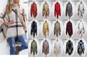 Detailed catalog of turtleneck poncho sweaters showing various plaid patterns and fringe