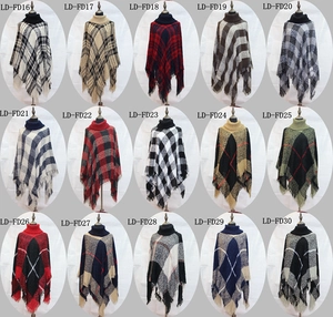 Grid display of high neck plaid knit ponchos featuring 15 colors and tassel fringe hems
