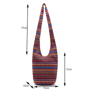 Ethnic bohemian stripe canvas bucket bag with detailed size dimensions in centimeters