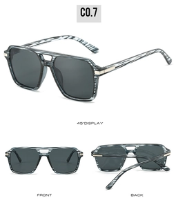 Three-angle view of square double-bridge sunglasses with black grey marble texture frames