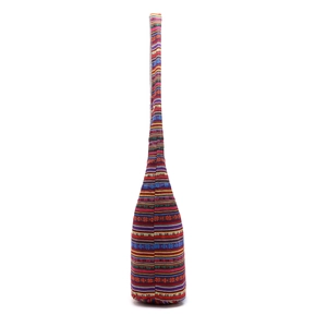 Ethnic bohemian canvas bucket bag featuring colorful horizontal stripes and long strap