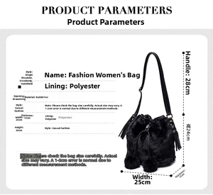 Detailed dimensions of the black faux fur bucket bag with drawstring and tassels