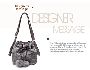Detail of dark grey faux fur bucket bag featuring drawstring pom-poms and leather tassels
