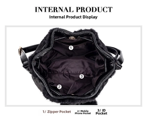 Internal layout of leopard faux fur bucket bag with zipper and phone pockets