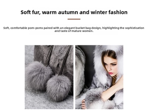 Detailed macro shot of grey rabbit fur texture and fluffy ball charms on a bucket bag
