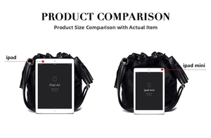 Black faux fur bucket bag size comparison with iPad and iPad mini showing compact scale