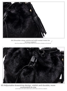 Detail showing metal rivet reinforcement and leather drawstring on black plush bucket bag