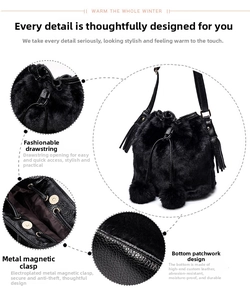 Detail showing faux fur bucket bag with drawstring closure and pebble leather base