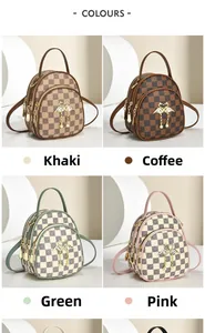 Detailed grid view of mini backpacks in khaki, brown, green and pink with swan charms