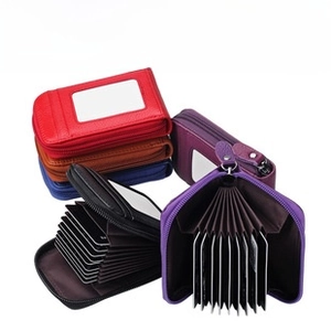 Multi-slot RFID blocking leather card holder with zipper closure and ID window in five colors
