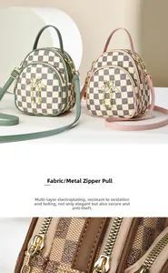 Detail showing checkered pattern bags with golden swan closure and hardware zipper