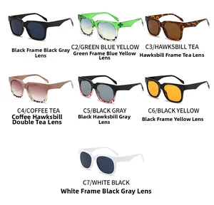 Flat lay display of square frame sunglasses in seven diverse color combinations
