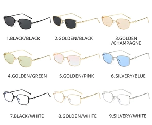 Detailed grid showing nine color options of square metal frame sunglasses with tinted lenses