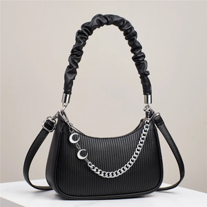 Women Crescent Hobo Bag Pleated Handle PU Leather Shoulder Crossbody Bag With Silver Moon Chain Pendant Fashion Handbag