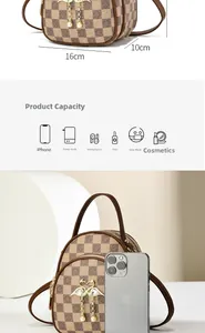 Detailed view of brown checkered crossbody bag showing 16cm length and 10cm thickness