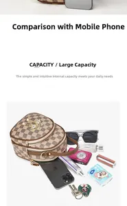 Checkered shoulder bag capacity detail shown with phone, sunglasses, and cosmetics