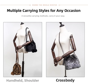 Detailed view of plush bucket bags with leopard print, faux fur texture and drawstring ties