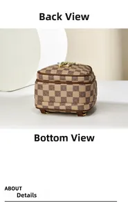 Macro view of checkered pattern bag showing golden butterfly pearl decor and metal feet