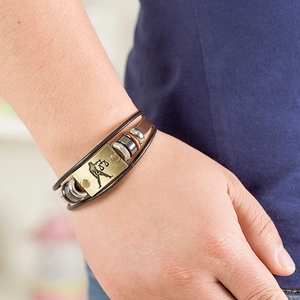 Retro multi-layer leather bracelet with Libra brass pendant and stainless steel clasp